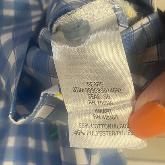 Laura Scott Blue White Gingham Button Down Blouse Lemon Print Sleeveless Sz M - Picture 7 of 9